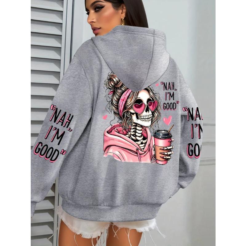 Felpa con cappuccio casual larga da donna, top stampato street fashion
