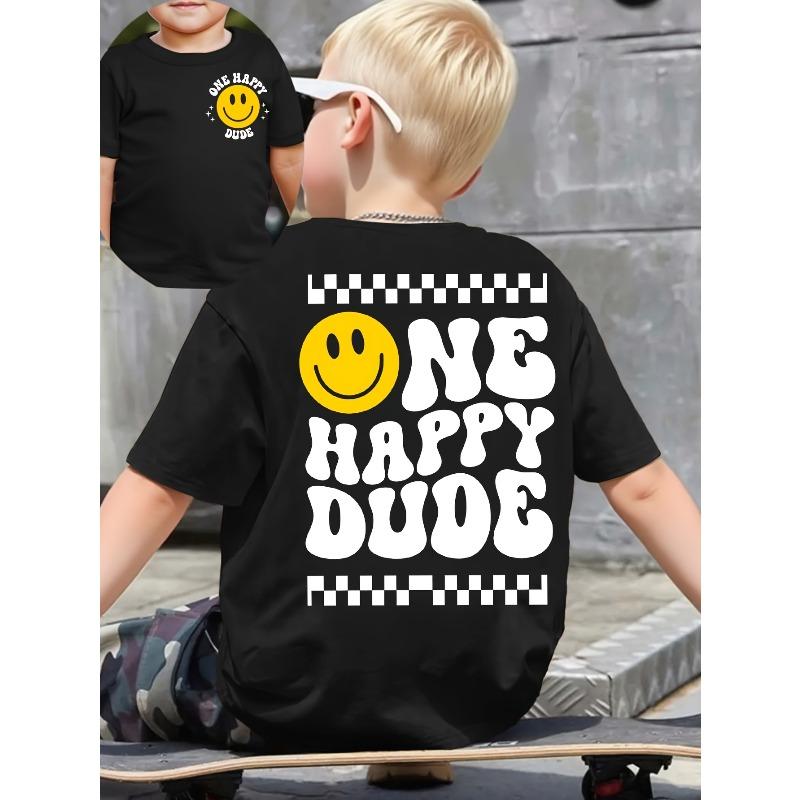 European sizes [Cartoon Boys  T-shirt] Double Print  ONE HAPPY DUDE  Cartoon Pattern and Letter Print Front and Back Sports Casual 110