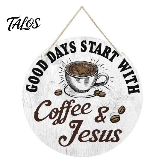 Rustic Home Wall Decor Wooden Coffee Bar Signs, Themed Hanging Sign, Cup Cafe Accessories Shape & Round Wood Plaque for Farmhouse Kitchen Corner