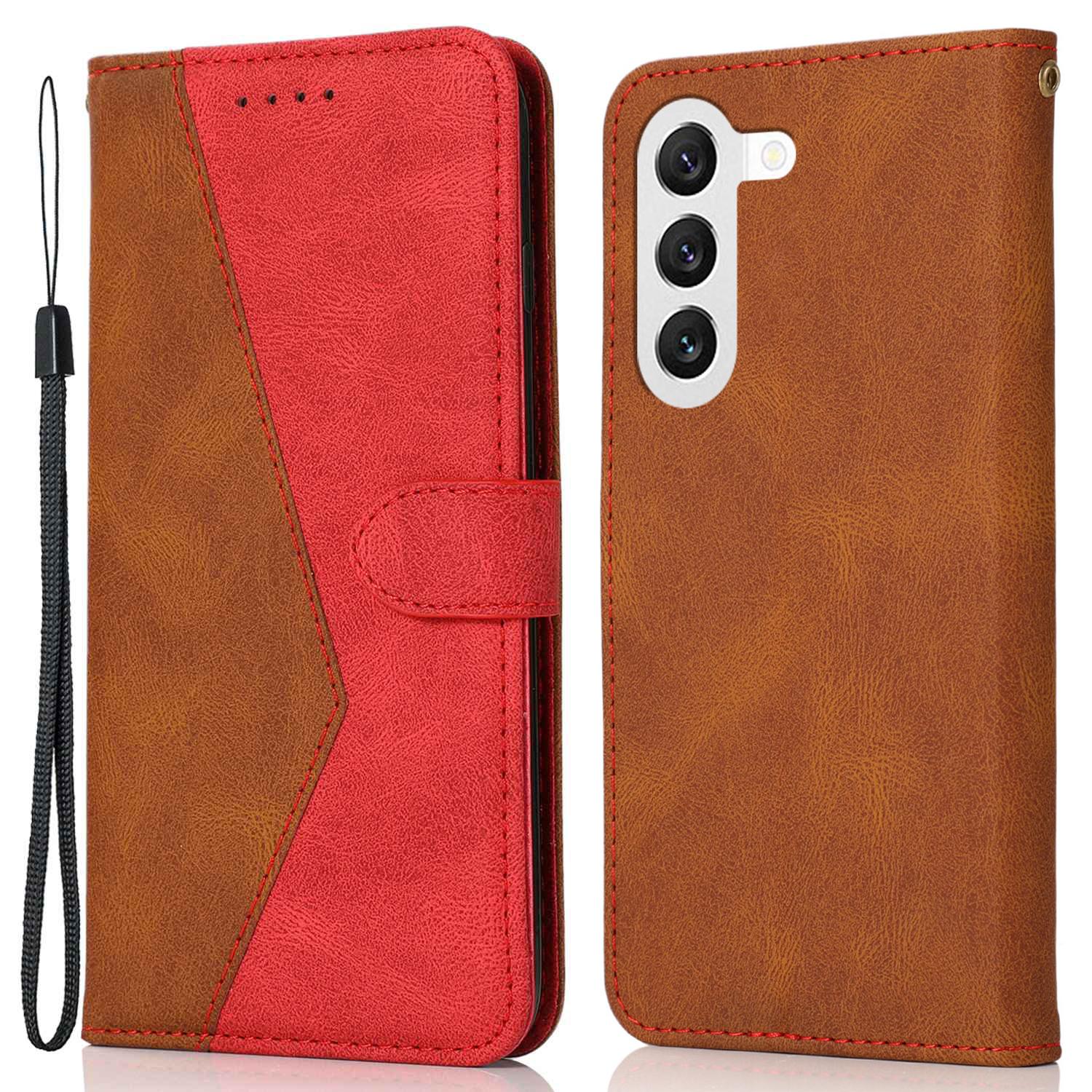 

For Samsung Galaxy A26 5G Cover Color Splicing Wallet Stand Leather Phone Case with Wrist Strap Brown Red