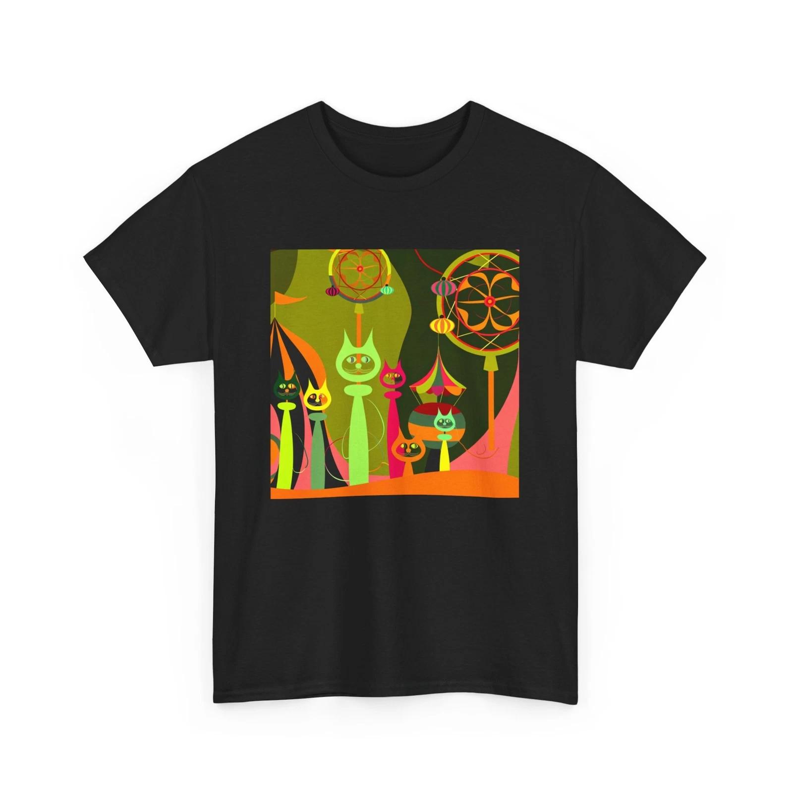 Unisex Adult T Shirt Mid Century Modern Cats at the Carnival Abstract Art Unique S