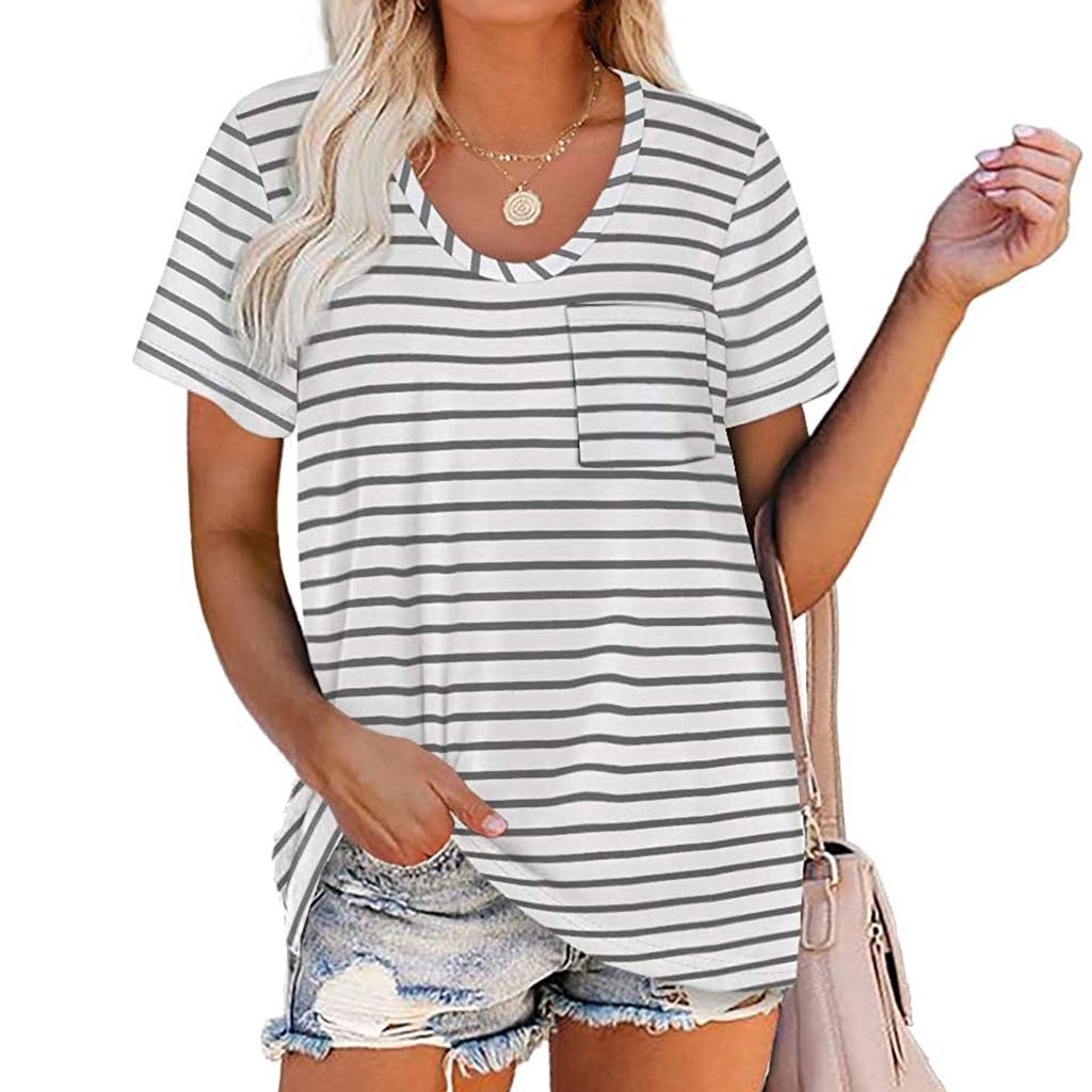 Womens Summer Fasion Short Sleeve V-Neck Color Striped Print Casual Tops