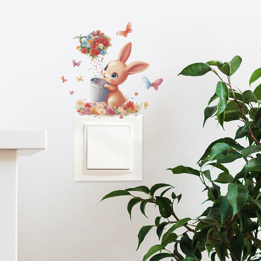 Switch Plate Stickers Cute Rabbit Flower Cartoon Wall Decor for Living Room Bedroom Self Adhesive Peel and Stick Removable Waterproof