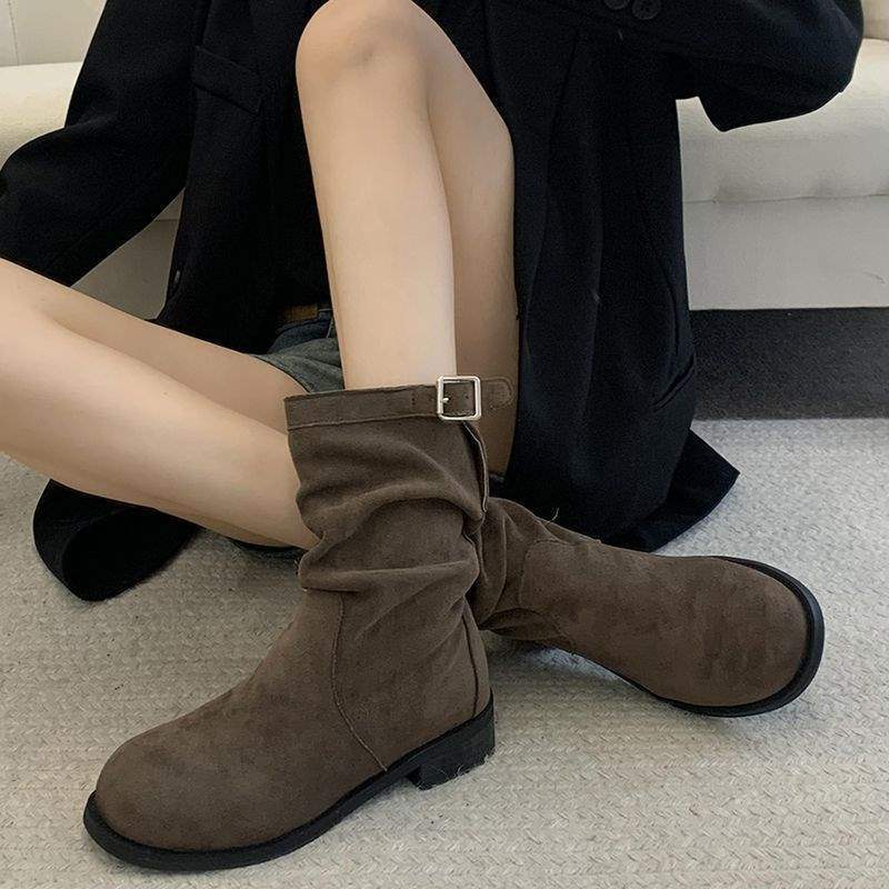 Pile boots retro medium tube suede locomotive Martin boots women's 2025 new fried street western cowboy Maillard short boots
