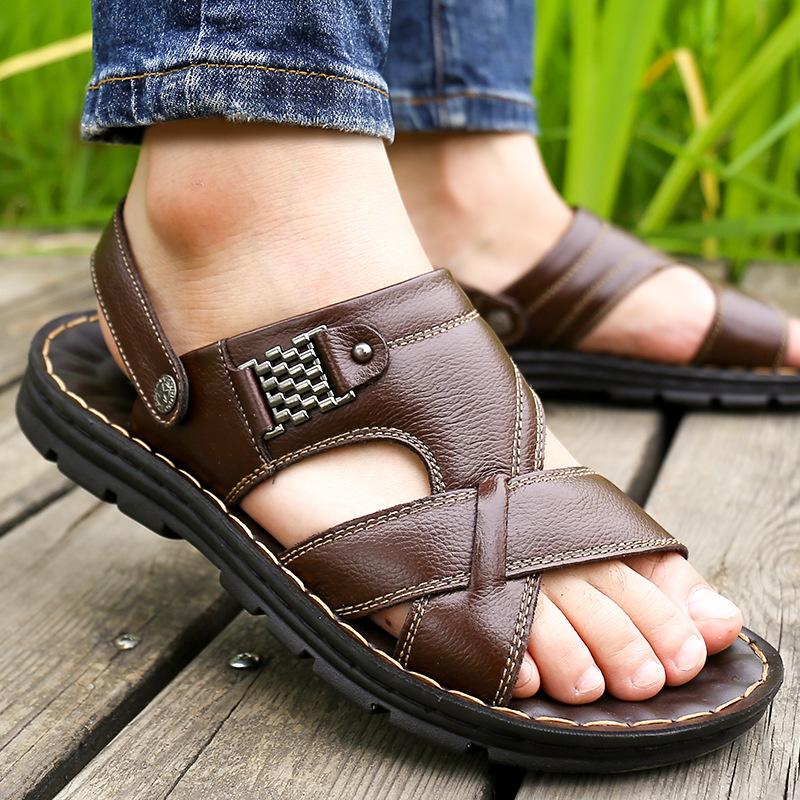 Herrsandaler i äkta läder sommar Tofflor Herr Tofflor Vuxen Strandskor med tjocka sulor Halkfri lädersandal Zapatos Hombre