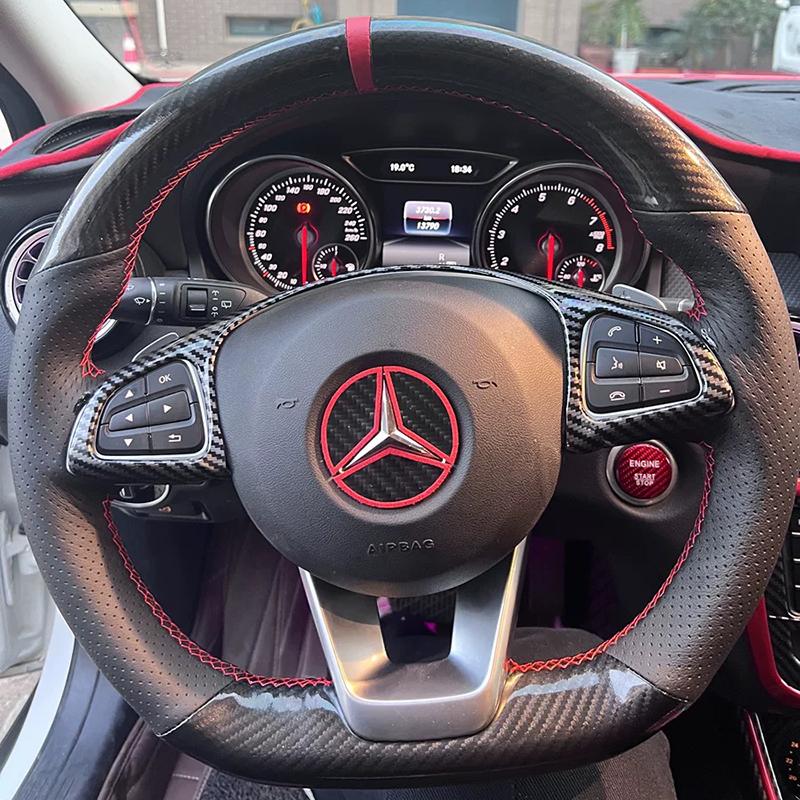 For Mercedes Benz W176 W246 W205 C117 218 X218 C253 W213 W166 Hand-stitched black suede carbon fiber car steering wheel cover