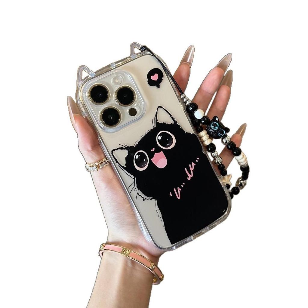 The New Models Are Suitable for Iphone16 Sweet and Cool Cat 13 with Bracelet Phone Case and Apple 15 Cat Ear Transparent Protective Case