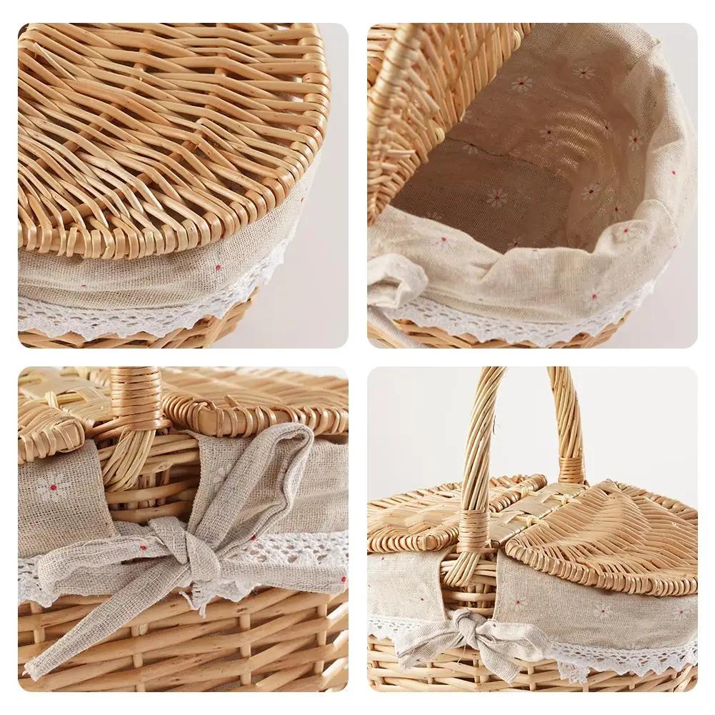 Wicker Picnic Basket with Lid Handheld Woven Basket Portable Storage Hamper for Fruits Snacks and Sweets for Outdoor Home Picnic