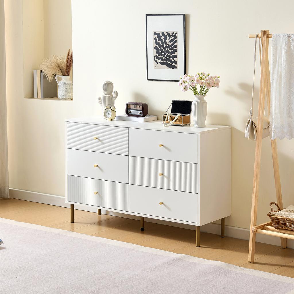 Modern 6-Drawer Chest, White Storage Chest with Zinc Alloy Handles & Steel Legs, 120×40×78cm MDF Cabinet for Bedroom, Living Room, Entryway