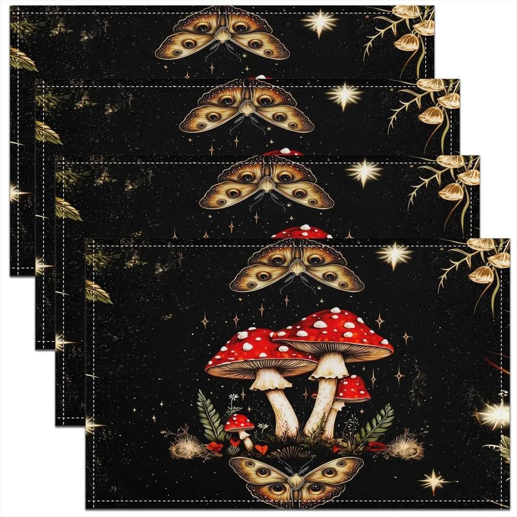 1PC Mushroom Decor Table Place Mats Longleg Mushroom Dragonfly Placemat for Kitchen Dining Table Decor