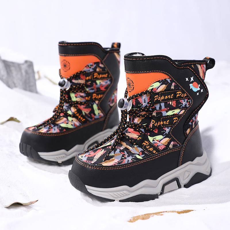 Autumn/Winter Unisex Kids Snow Sneakers Boys Plus Fleece Winter Boots Outdoor Non-slip Girls Teenagers Hip-top Snow Boots