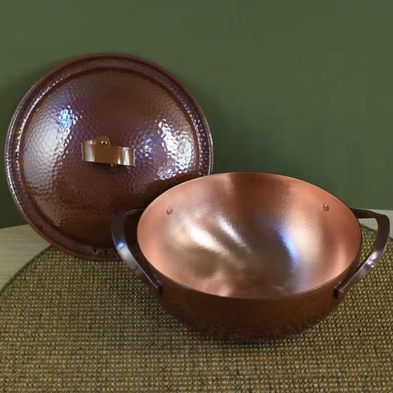 Vintage Copper Pot,Hammer Texture Hot Pot Cooking Utensil for Boiling,Simmering and Pasta Stewing,With lid 26 cm Handheld Pots