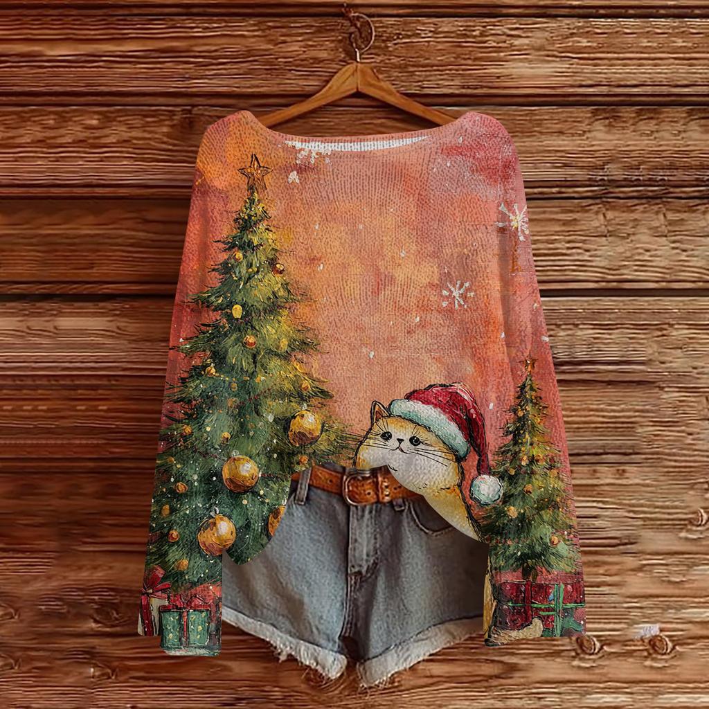 Women's Casual Fashion Round Neck Top Christmas Print Long Sleeve Knit Pullover