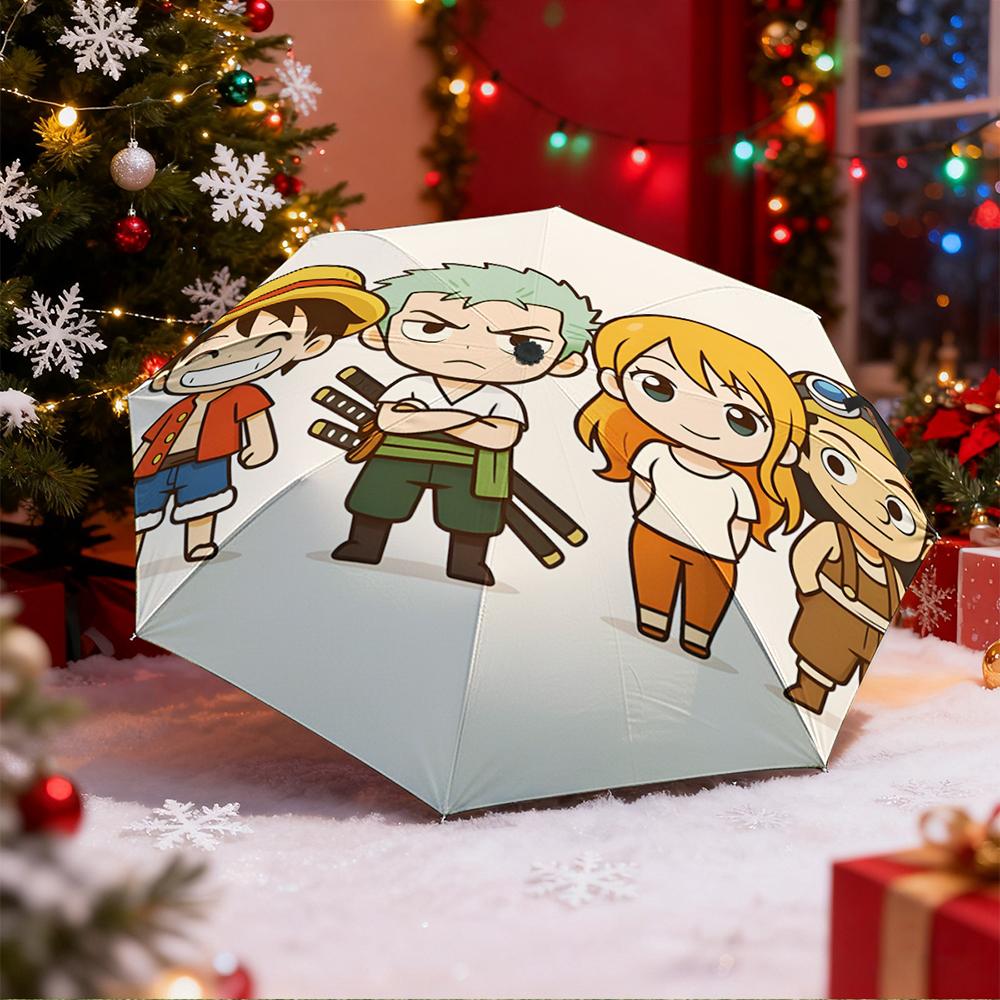 Automatic Umbrella with One Piece Chibi Crew Luffy Zoro Nami Print, Windproof Travel Umbrella for Adults, Anime Gift