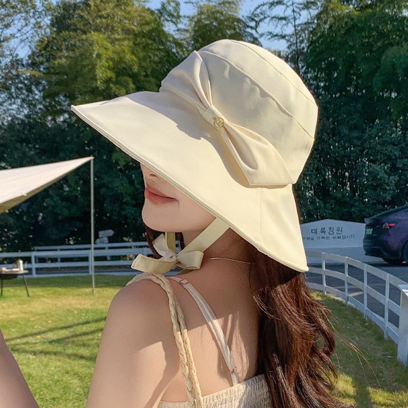 

Small Fashion All-Match Sun Hat for Women Designer Model Bow Fisherman Hat Fancy Face Show Summer Sun Protection Hat 8804-Beige