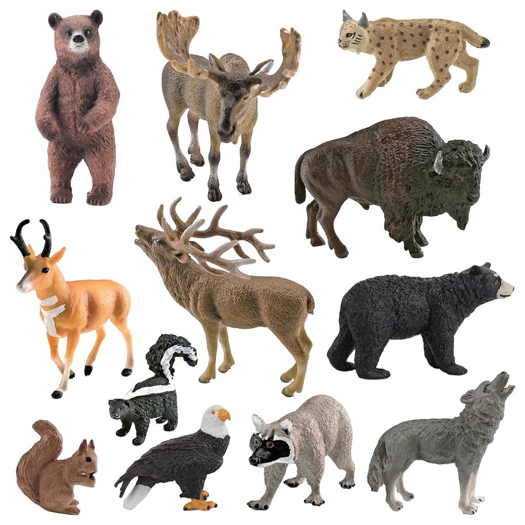 12 Pieces North American Animal Figurine Toys, Realistic Jungle Figurines, Wolf, Bear,Skunk  Bobcat And More Cake Decorations, Birthday Gifts