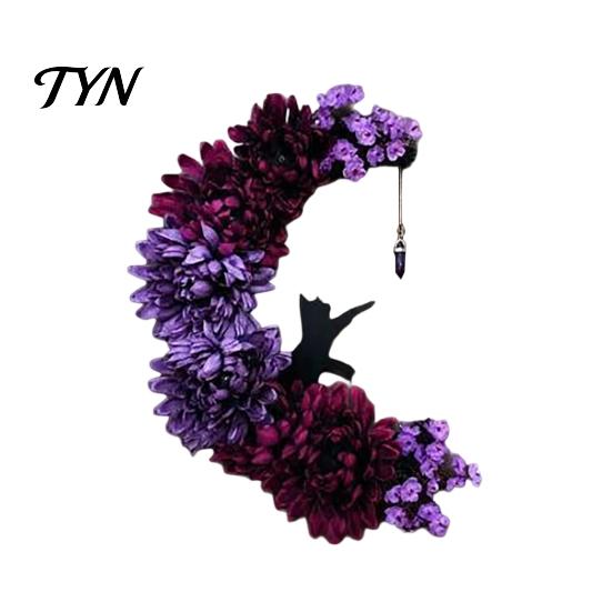 Indoor Dark Theme Soft Furnishings Halloween Black Cat Moon Wreath, Gothic Crescent Grapevine Wreath with Style Holiday Home Accents Rose Flowers,