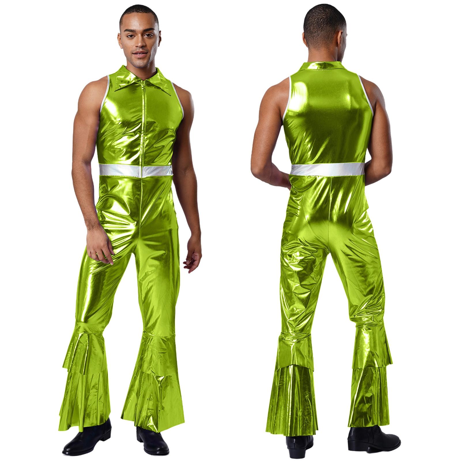 

Mens 70s Jumpsuit Shiny Metallic Lapel Collar Sleeveless High Waist Flared Pants Disco Dance Singer Outfit M зелений