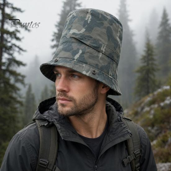 Cappello a Cilindro con Cima a Cupola Stampa Mimetica Cappello a Secchiello, Pescatora Pieghevole con Design Allacciato, Bottoni Automatici Metallici Estivi Parasole per Escursionismo all'Aperto Viaggio Abbigliamento Casual