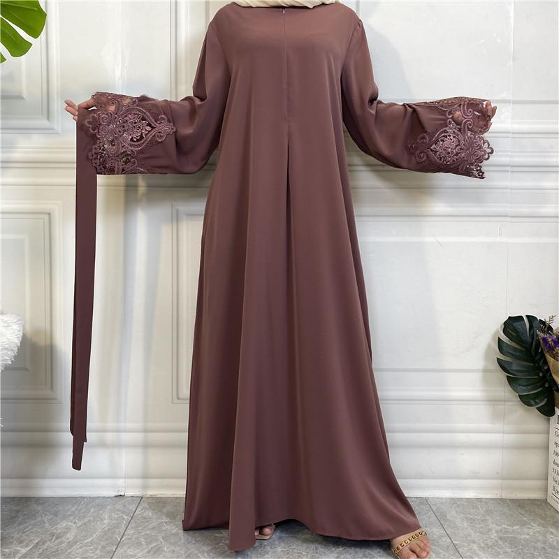 Middle Eastern Muslim Women's Solid Color Floral Lace Zippered Dress