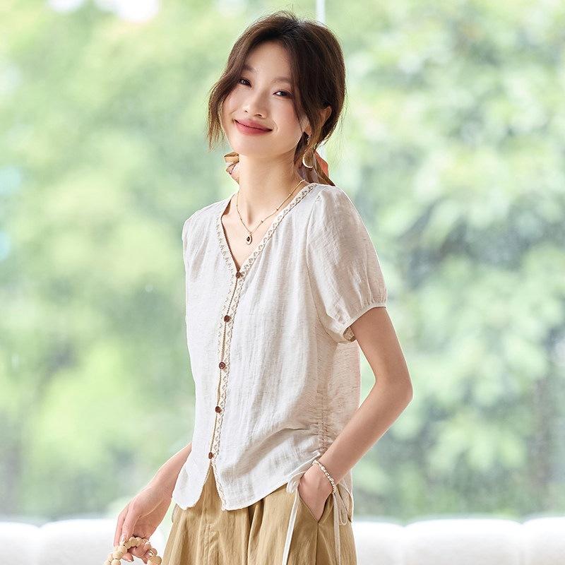 1116 Summer New French V-neck Temperament Cotton and Linen Short-sleeved T-shirt Women's Design Sense Super Good-looking Drawstring Cotton and Linen