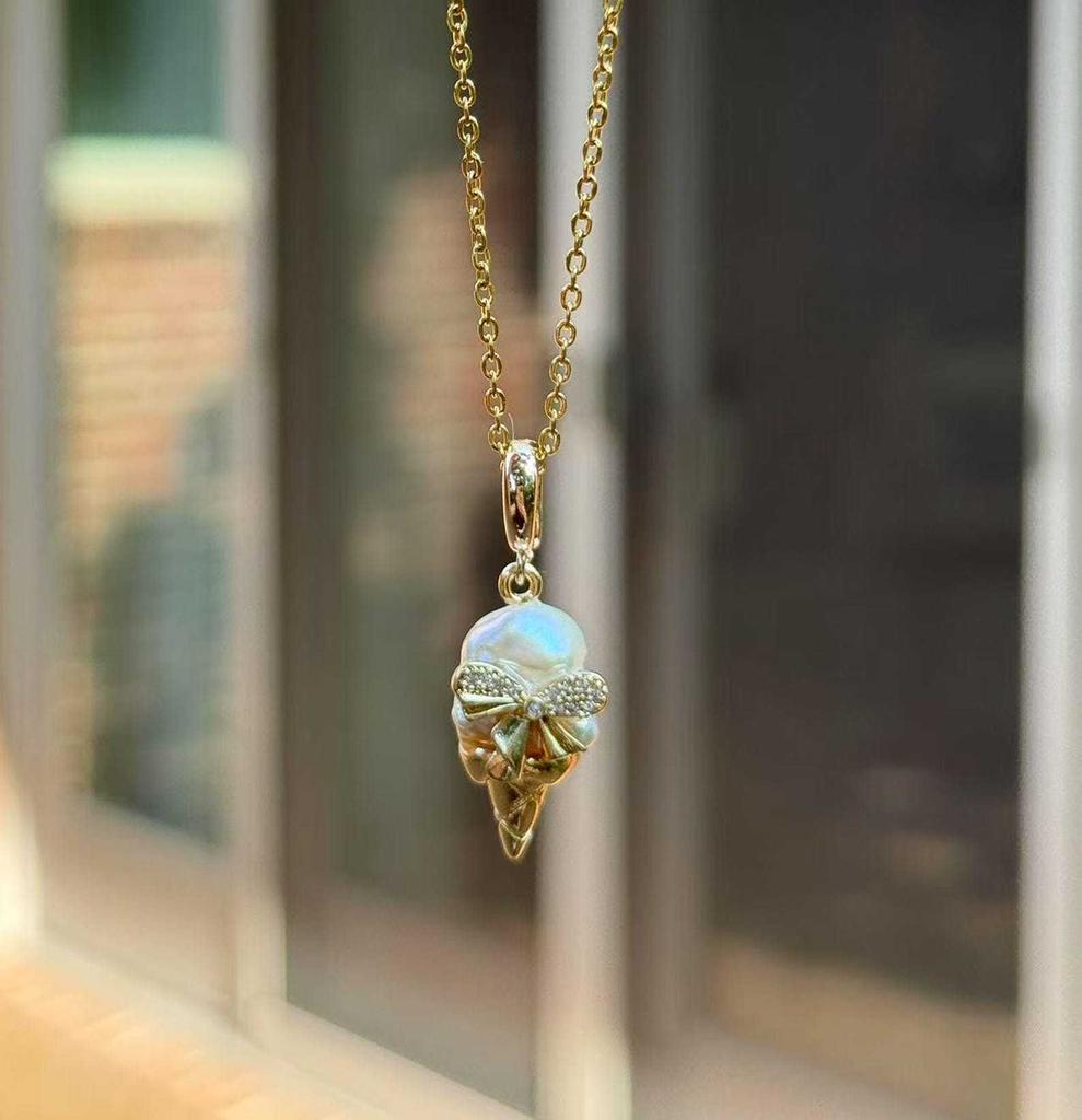 Ice Cream Shape Necklace Imitation Pearl Diamond Sparkling Collarbone Chain Temperament Simple Jewelry Women