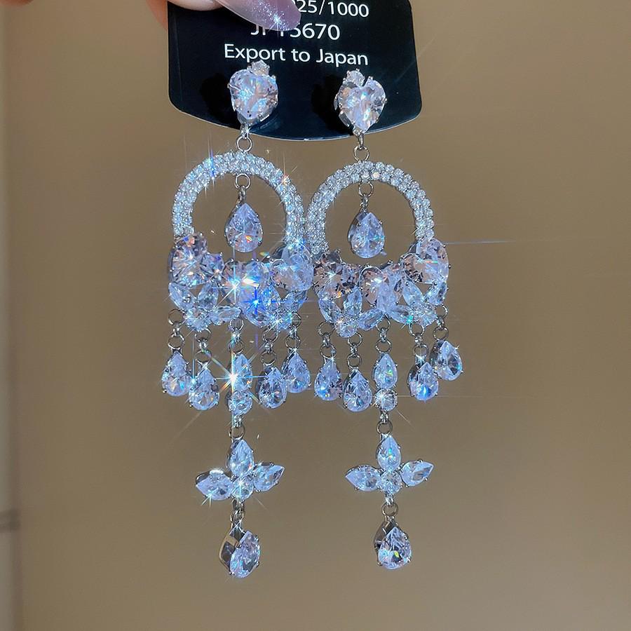 Silver Needle Diamond Water Drop Tassel Earrings - Elegant Court Style, Versatile & Luxurious Design.