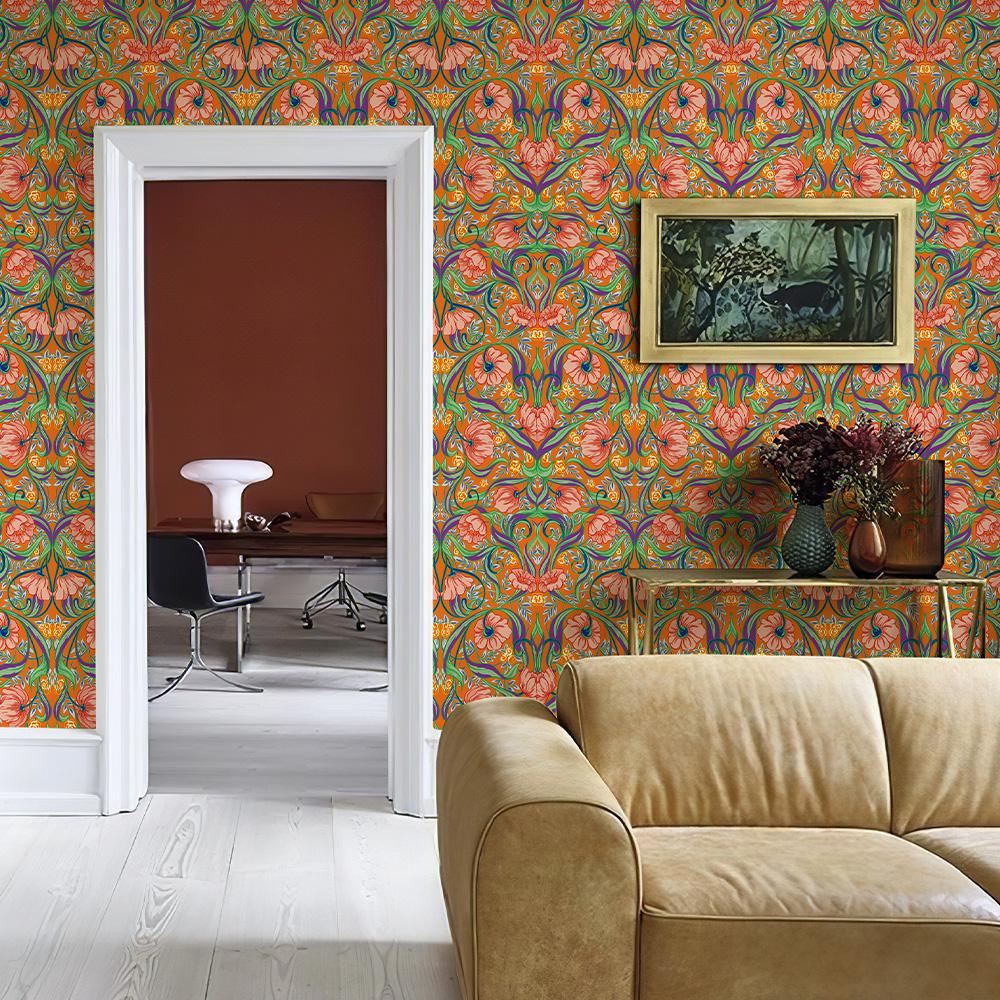 Orange Boho Flower Vinyl Wallpaper Retro Self Adhesive PVC Cabinet Sticker Chic Waterproof Kitchen And Bathroom Wall Decor