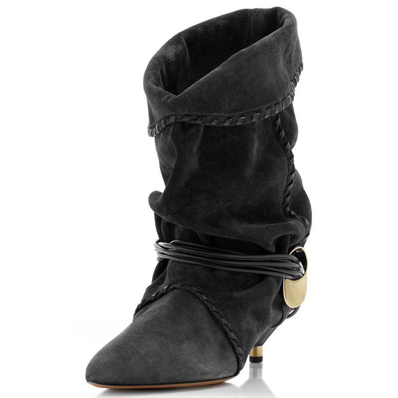 

Модные женские ботильоны на металлическом каблуке-рюмочке с острым носком, шнуровкой и плиссировкой, из коричневой замши с отворотом, высота каблука 6 см 35 чёрный