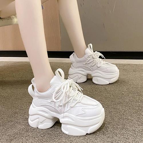 Fashion Women Chunky Leather Sneakers 7.5CM High Platform Ulzzang Sports Dad Shoes New 2024 Autumn Breathable Thick Bottom Casual Shoes