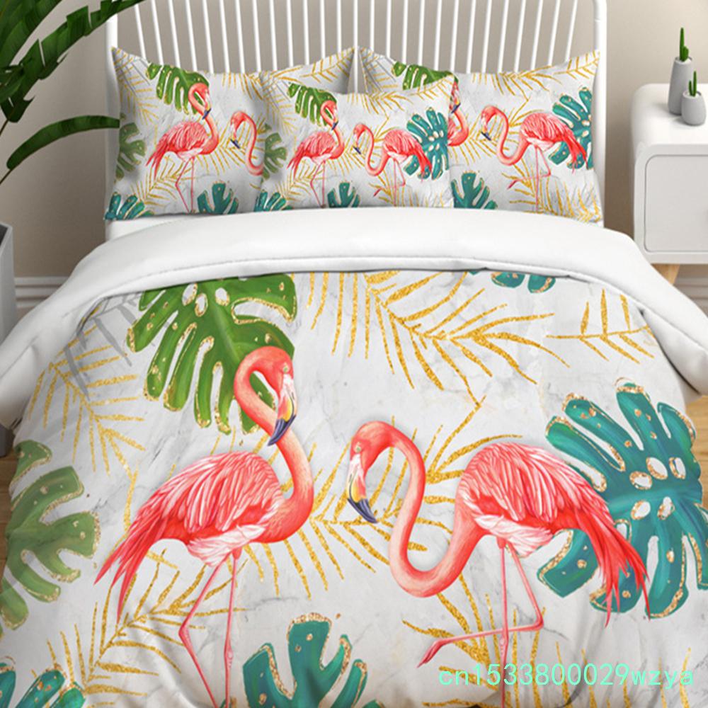 Modern Flamingo Pineapple Print Bedding Set Queen Tropical Plants Leaves Flowers Duvet Cover Hawaiian Islands Floral Pillowcases