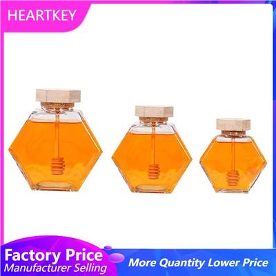 3PCS/SET 380/220/100ML Honey Jar with Wooden Honey Stick Spoon Glass Hexagon Sealed Honey Storage Bottle Kitchen Tools
