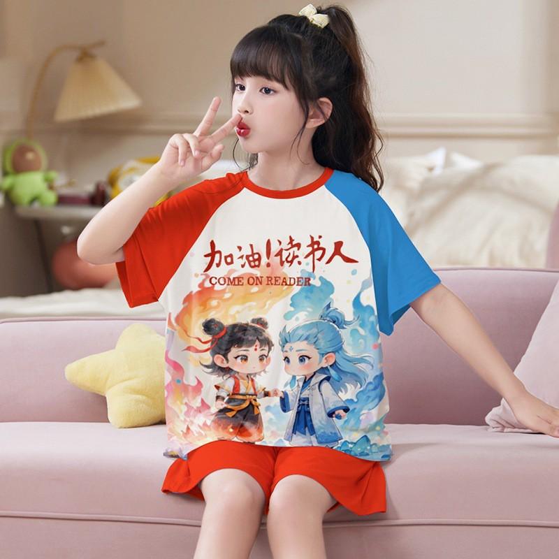 Girls Modal Cotton Pajama Set Short Sleeve Lightweight Sleepwear Cartoon Print Home Outfit Kids
