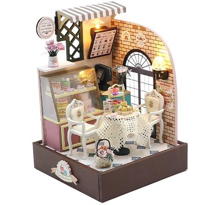 Moin moin Puppenhaus Miniatur DIY Bausatz Set Anleitung Kaffee Kuchen Würfelbox LED-Licht Acrylhülle Bauwerkzeuge [Englisch enthalten] Handflächengroßes Café,
