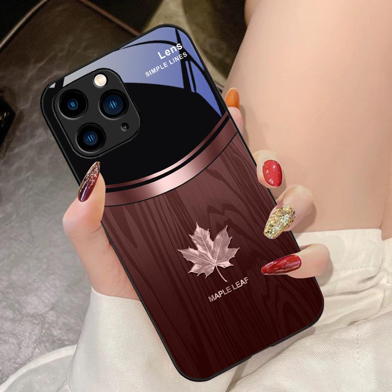 

Деревянная текстура Изогнутый кленовый лист Черный Для iPhone 15 Pro 14 13 12 Mini 11 XS Max XR 7 8 Plu SE 2020 2022 Чехол для телефона из закаленного стекла For iPhone SE (2022)