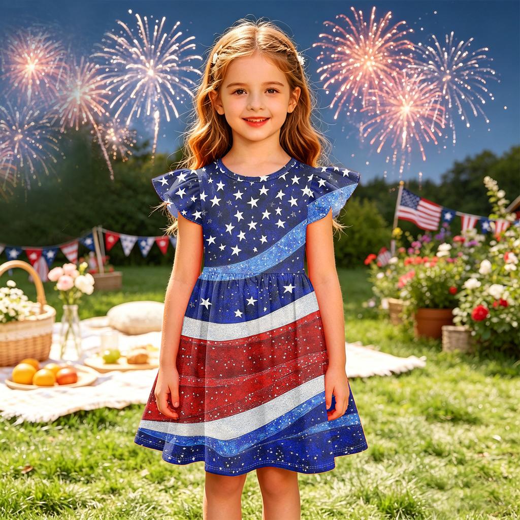 Girls Dress Sleeveless Ruffle Sleeve Independence Day Spliced Star Pattern Casual A-Line Dress for Kids