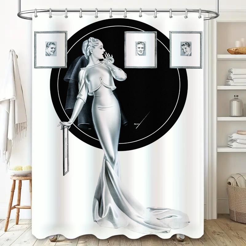 Luxurious Black White Art Deco Style Bathroom Shower Curtain with Elegant Woman Design for Home Decoration (Size: 180x240cm) Add