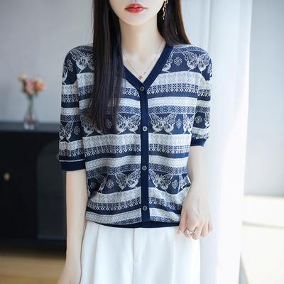 Noul Tricou Bluză Mică de Vară Este un Cardigan Versatil Tricotat Jacquard cu Mâneci Scurte pentru Femei