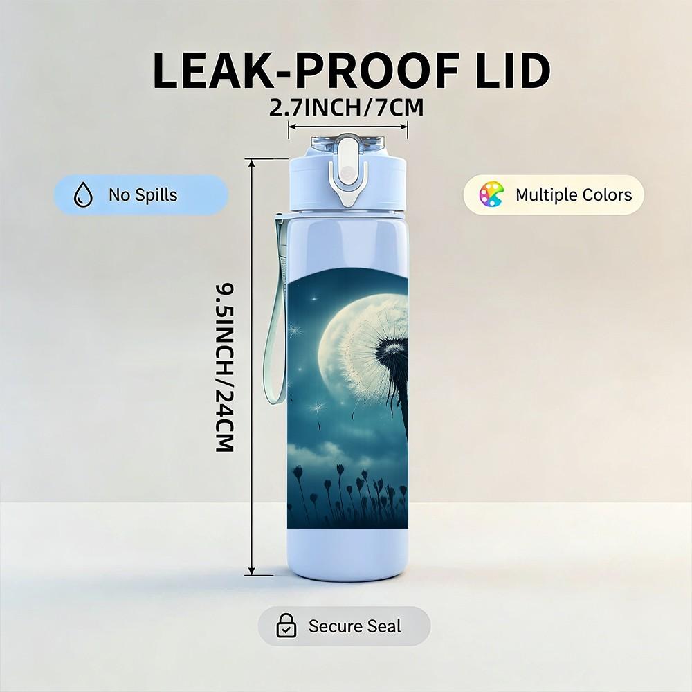 1PC Dandelion Moon Night Art 750ml Color Plastic Sports Water Bottle Leakproof Flip Straw Lid Suitable for Sports Office Home Use
