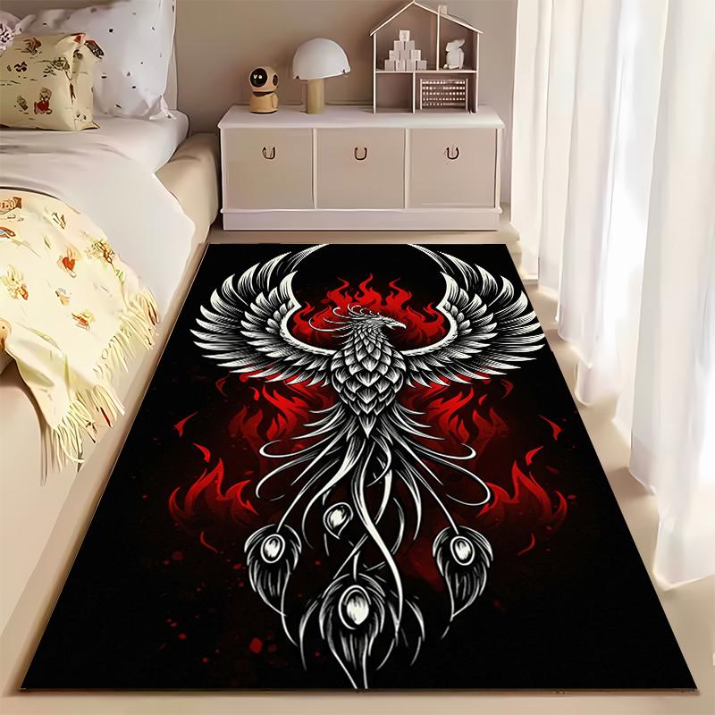 Area Rug, Phoenix Bird Red Flame White Tattoo Black Background Print, Living Room Decor, Non-Slip Mat