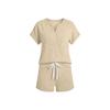 Women Casual Two Piece Lounge Set Short Sleeve Henley Neck Top with Button Detail and Drawstring Waist Shorts Relaxed Fit