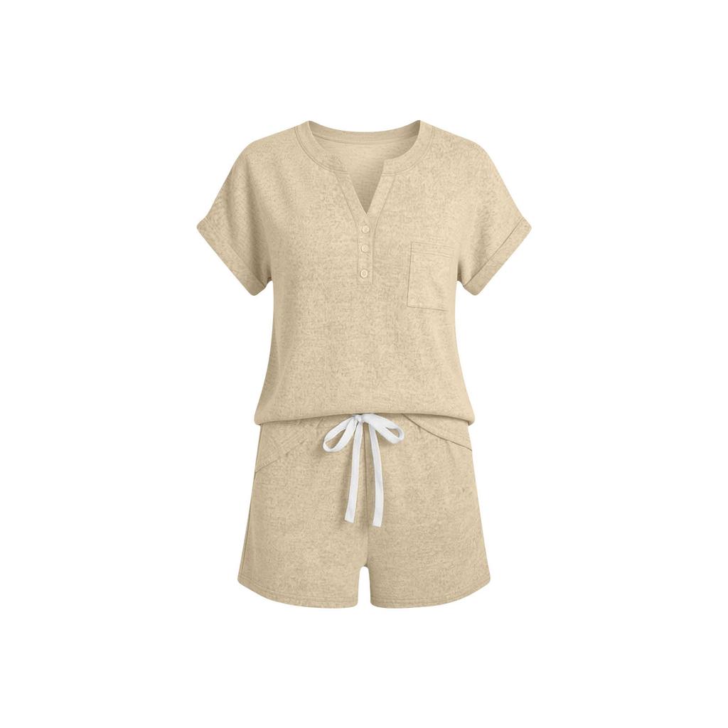 Women Casual Two Piece Lounge Set Short Sleeve Henley Neck Top with Button Detail and Drawstring Waist Shorts Relaxed Fit