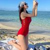 Sexy Spice Girl Red Small Breast Suspender Triangle One-piece Hollow Lace-up Skinny Hot Spring Resort Swimsuit Women
