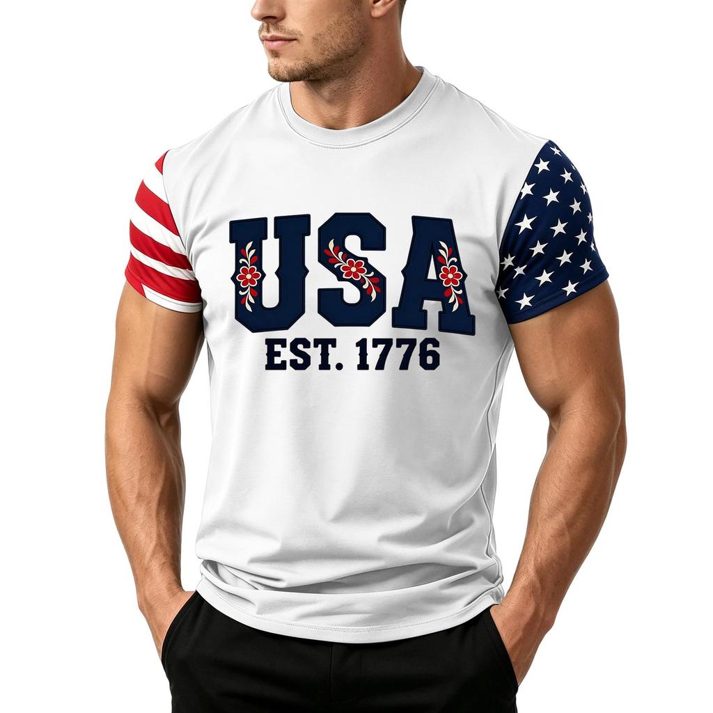 Men's Independence Day Flag Print Short Sleeve T-Shirt, Loose Casual Daily Summer Tops