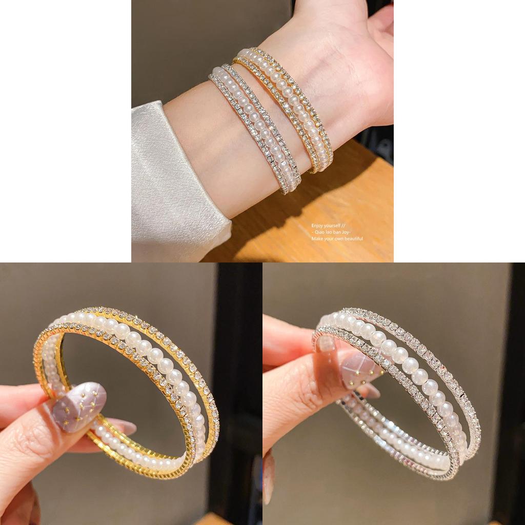 Pearl Beaded Threelayer Open Bracelet With Rhinestone Embellishments For Elegant Womens Jewelry
