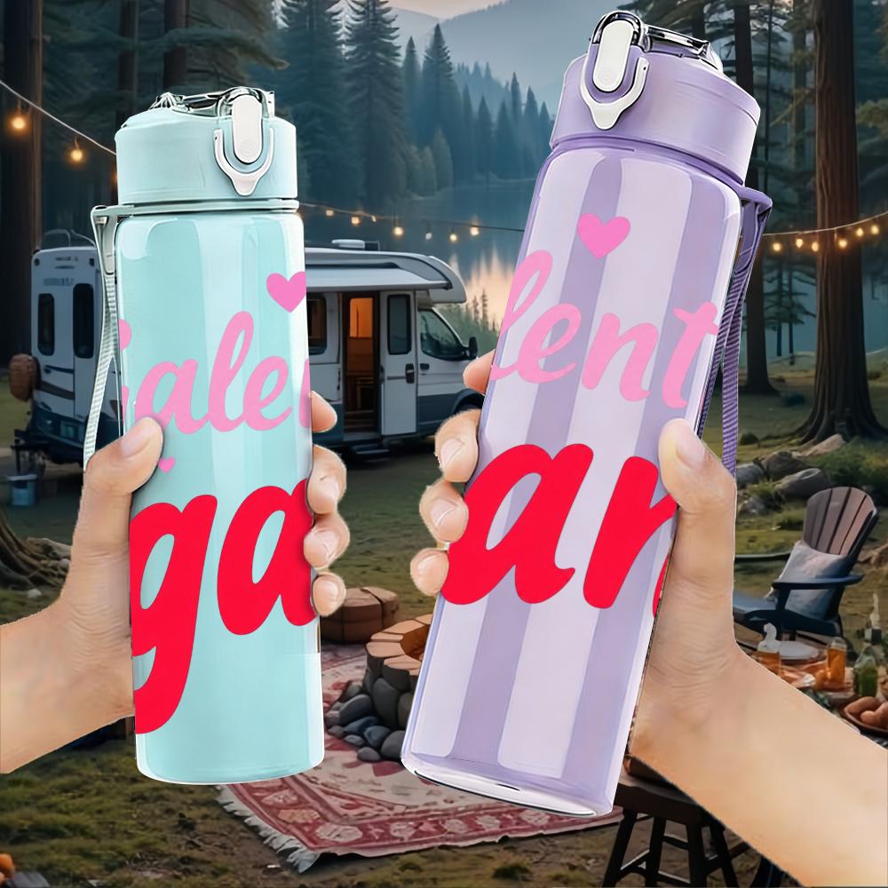 1PC Galentine's Gang Pink Text 750ml Color Plastic Sports Water Bottle Leakproof Flip Straw Lid Suitable for Sports Office Home Use