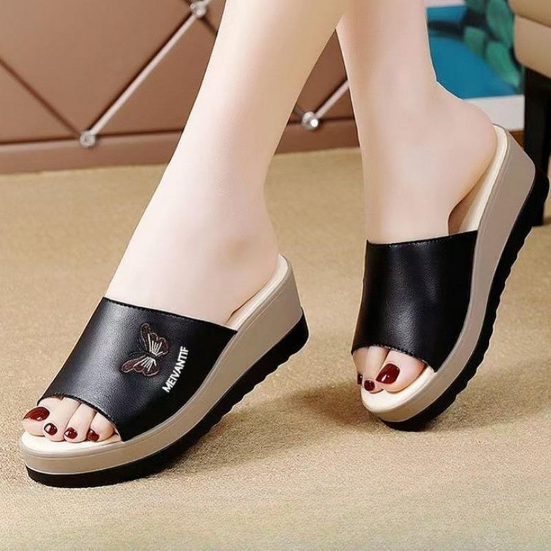 2 summer new outer wear women's butterfly pattern thick bottom cool slippers slope heel soft bottom women's high-end slippers women