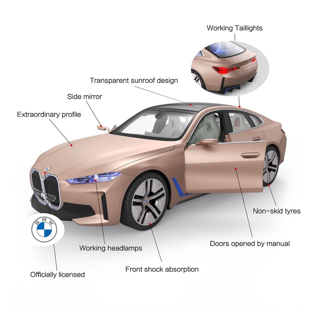 RASTAR 114 Scale BMW i4 Concept RC Model Car with LED Interior Lights, Illuminating Headlights and Taillights, Manually Openable Left and Right