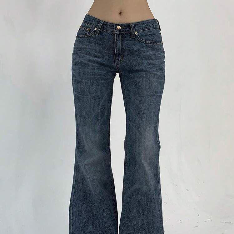 Women's Low Rise Bootcut Jeans Slim Fit American Retro Streetwear Washed Stretch Denim Flare Long Pants