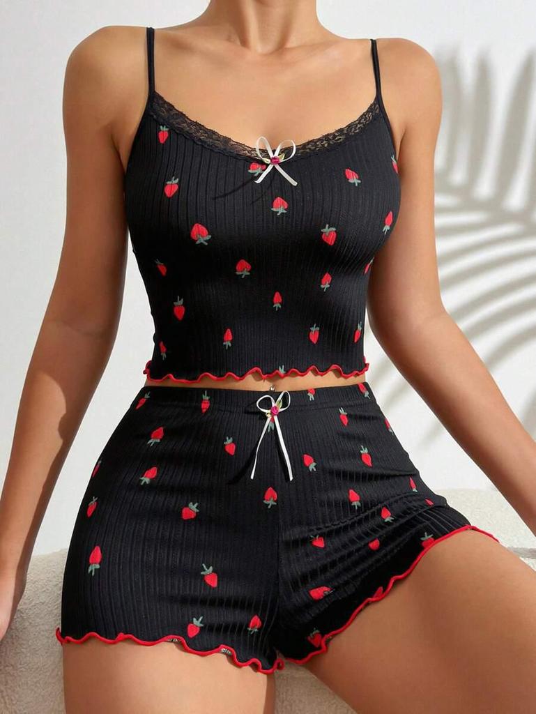 Strawberry Print Camisole Shorts Pajama Set with Bow - Women's Summer Loungewear
